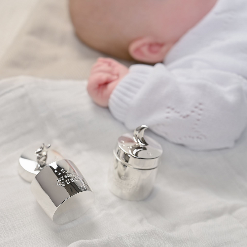 PRE-ORDER Bambino Silver Plated Barrel Shaped Star & Moon Tooth & Curl Set with Luxury Packaging