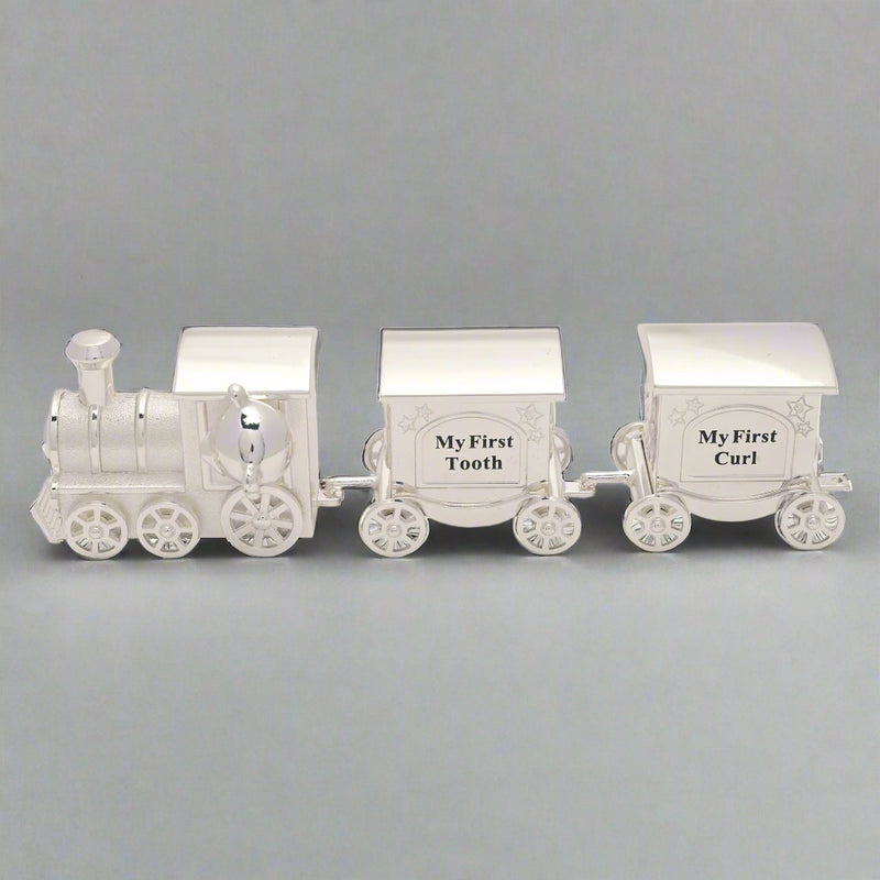 Bambino Silver Plated First Tooth and Curl Train Set With Two Carriages - Gift Boxed