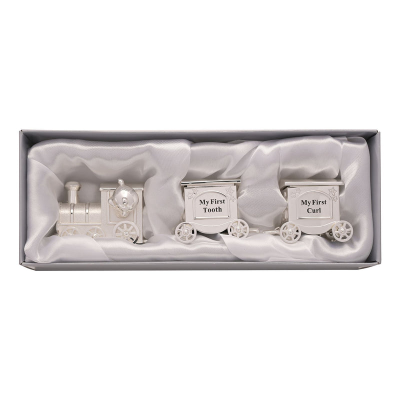 Bambino Silver Plated First Tooth and Curl Train Set With Two Carriages - Gift Boxed