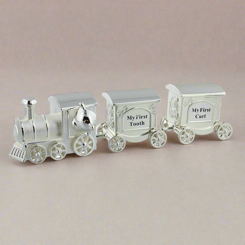 Bambino Silver Plated First Tooth and Curl Train Set With Two Carriages - Gift Boxed