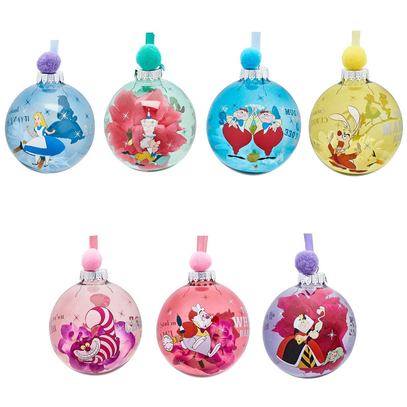 PRE-ORDER Disney Alice in Wonderland Set of 7 Colourful Flower Pom Pom Baubles in Gift Box