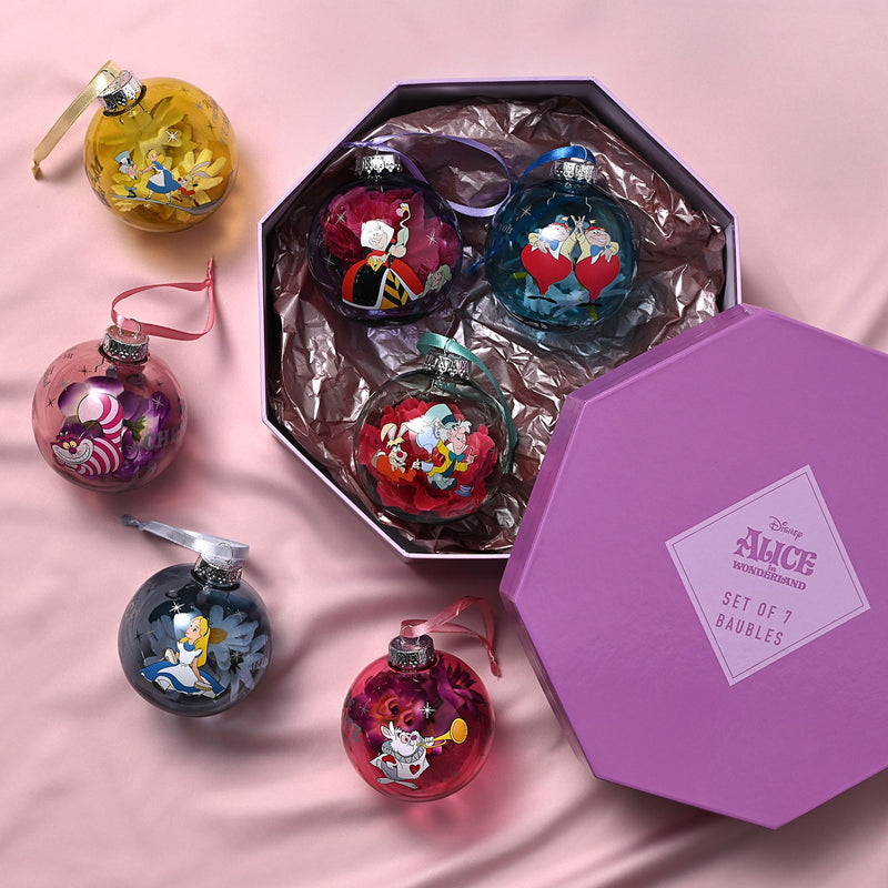 PRE-ORDER Disney Alice in Wonderland Set of 7 Colourful Flower Pom Pom Baubles in Gift Box