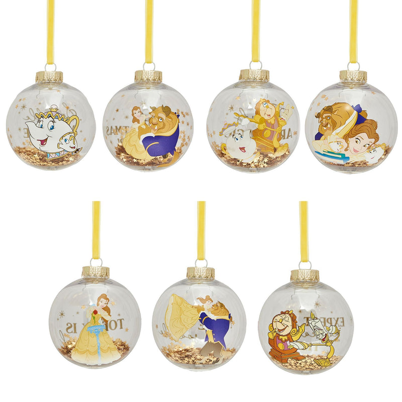 PRE-ORDER Disney Beauty & The Beast Set of 7 Golden Glitter Baubles in Gift Box