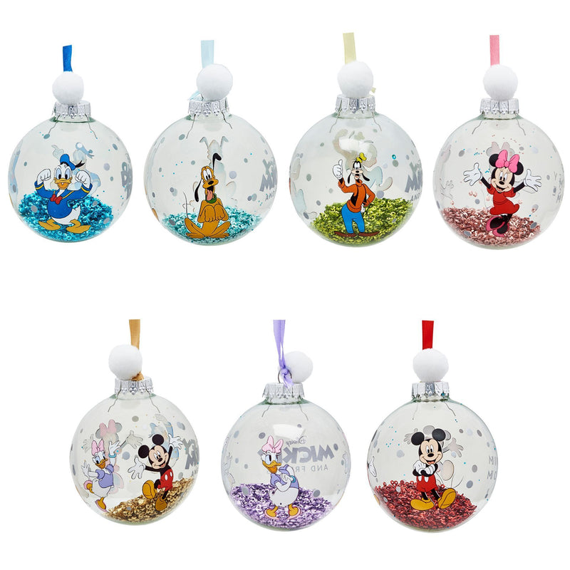 Disney Mickey & Friends Set of 7 Colourful Glitter Pom Pom Baubles in Gift Box