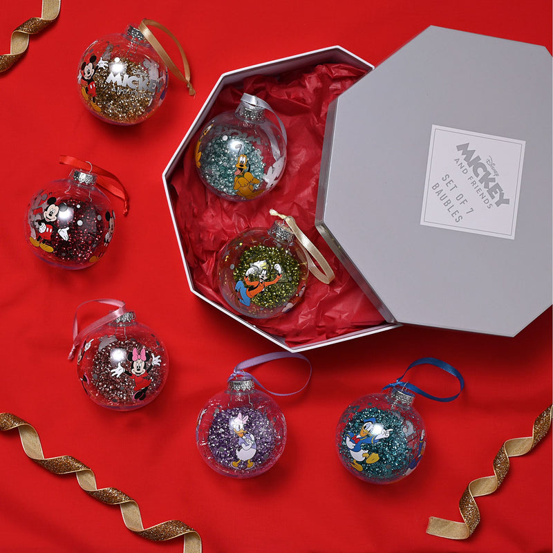 Disney Mickey & Friends Set of 7 Colourful Glitter Pom Pom Baubles in Gift Box