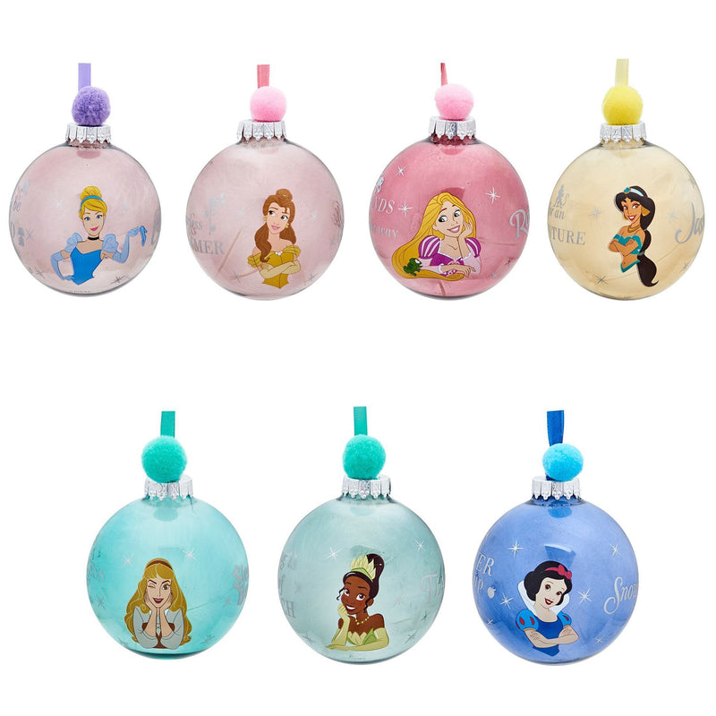 PRE-ORDER Disney Princesses Set of 7 Colourful Feather-Filled Pom Pom Baubles in Gift Box