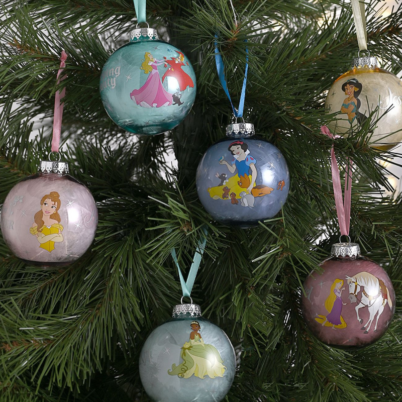 PRE-ORDER Disney Princesses Set of 7 Colourful Feather-Filled Pom Pom Baubles in Gift Box