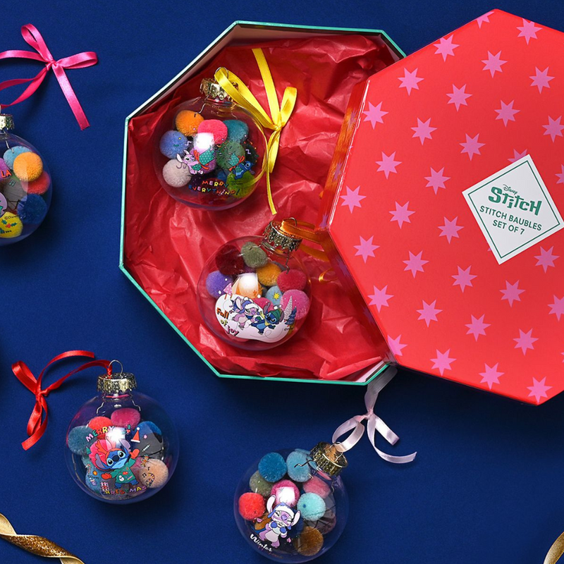 Disney Stitch Gift Boxed Set of 7 Baubles with Pom Poms