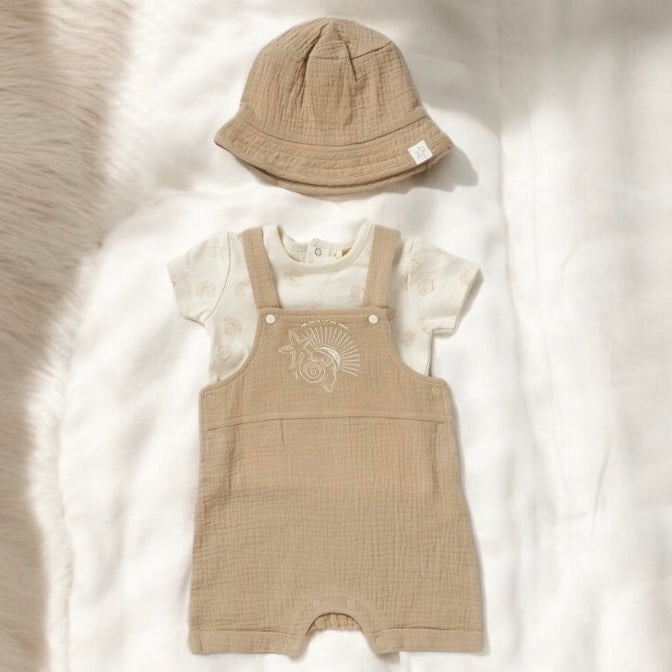 Baby Unisex Ocean-Themed Organic Woven Dungaree, T-Shirt & Reversible Bucket Hat Outfit (0-12M)