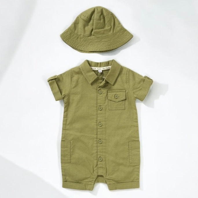 Baby Boys Khaki Woven Romper With Bucket Hat (0-9M)