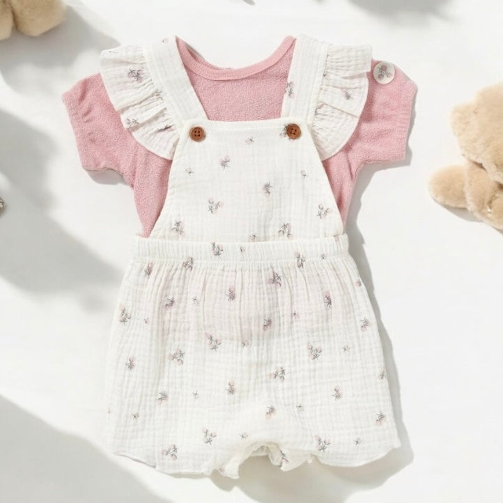 Baby Girls Pink & Cream Floral Muslin Dungaree & Towelling T-Shirt Outfit (0-12M)