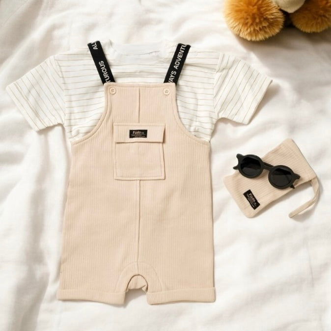 Baby Boys Beige Ribbed Dungaree & T-shirt Outfit with Sunglasses (9-24M)