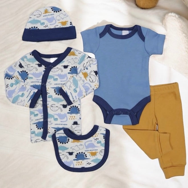 Premature Baby Dinosaur Blue & Mustard Cotton 5-Piece Set