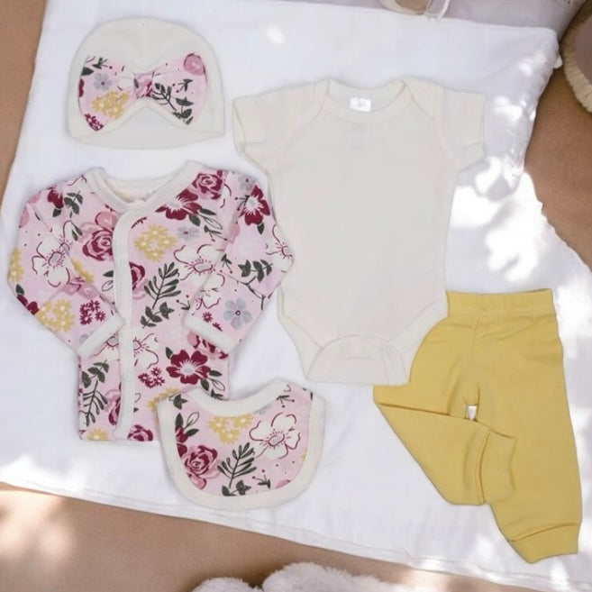 Premature Baby Floral Pink & Mustard Cotton 5-Piece Set