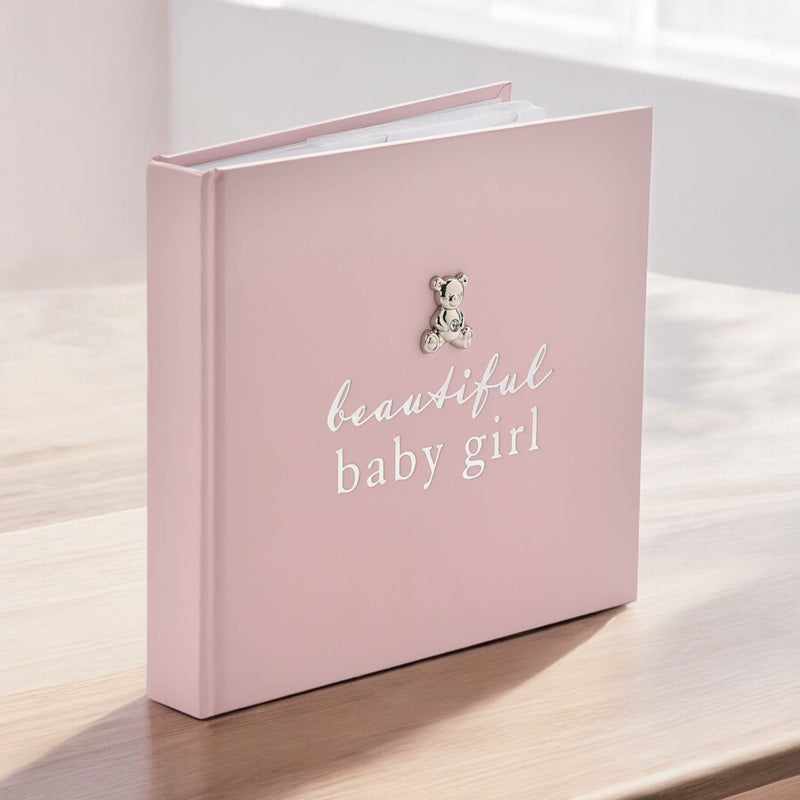 Bambino 'Beautiful Baby Girl' Pink Photo Album with Silver Teddy Decal