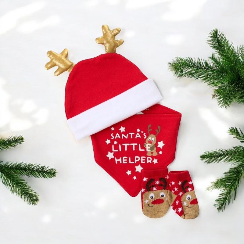 Baby Christmas 'Santa's Little Helper' Reindeer Hat, Bib and Socks Set (0-6M)