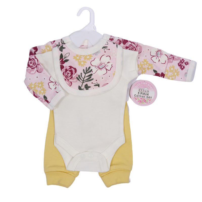 Premature Baby Floral Pink & Mustard Cotton 5-Piece Set