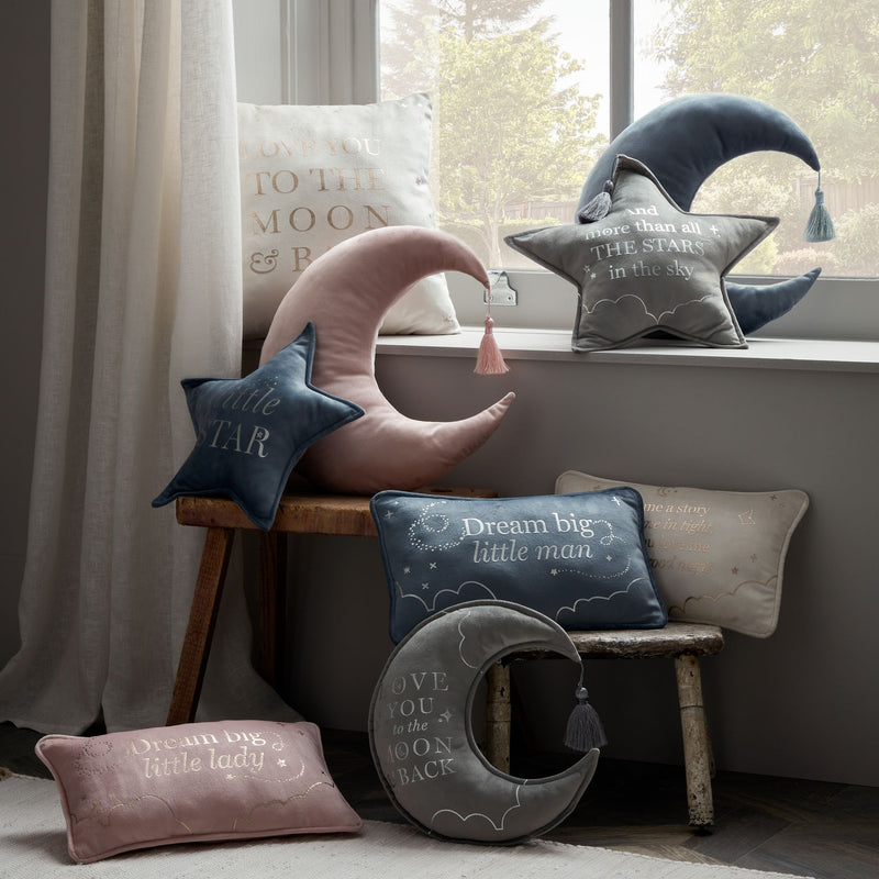 PRE-ORDER Bambino 'Love You' Grey Velvet Moon & Star Cushion Set - 32cm