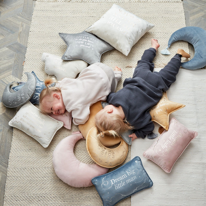 PRE-ORDER Bambino 'Love You' Grey Velvet Moon & Star Cushion Set - 32cm