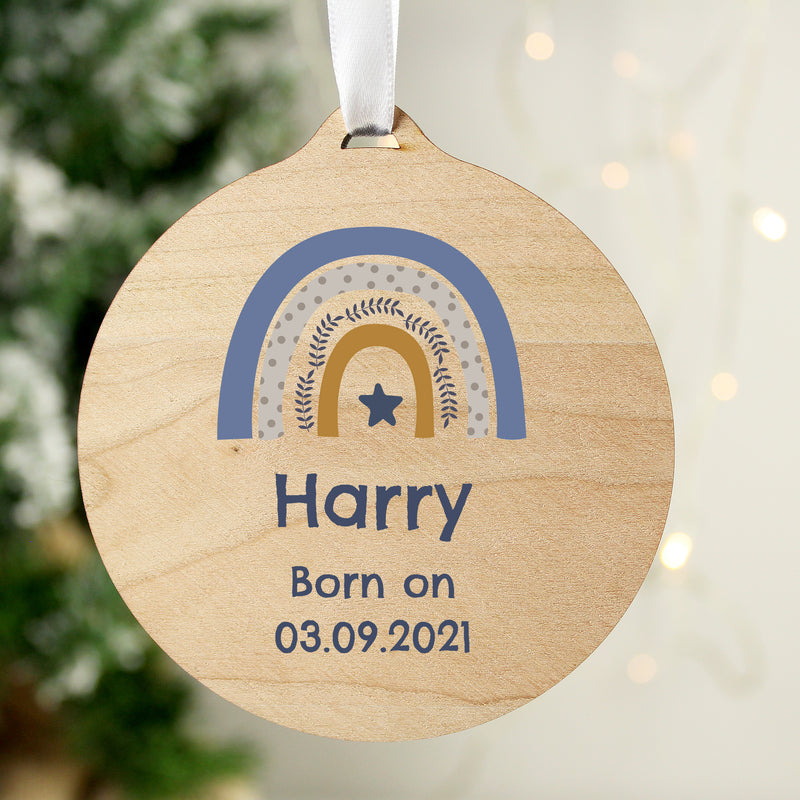 Personalised Blue Rainbow Round Wooden Decoration