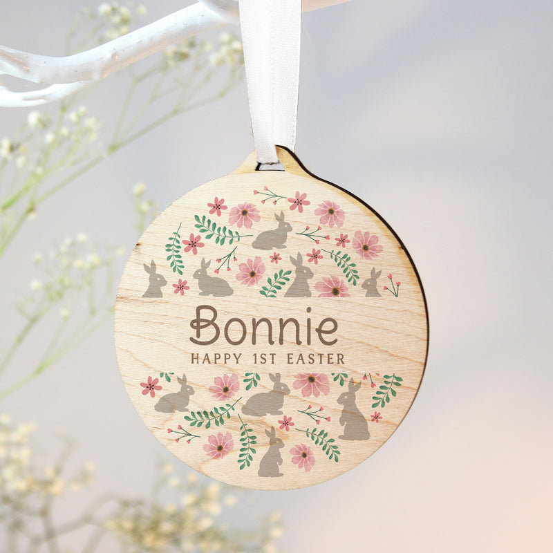 Personalised Easter Bunny Round Wooden Decoration