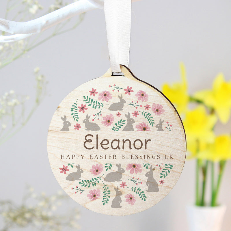 Personalised Easter Bunny Round Wooden Decoration